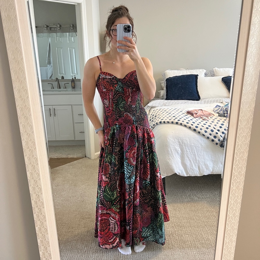 Anthropologie Black Floral Maxi Dress with Pink & Green Accents
